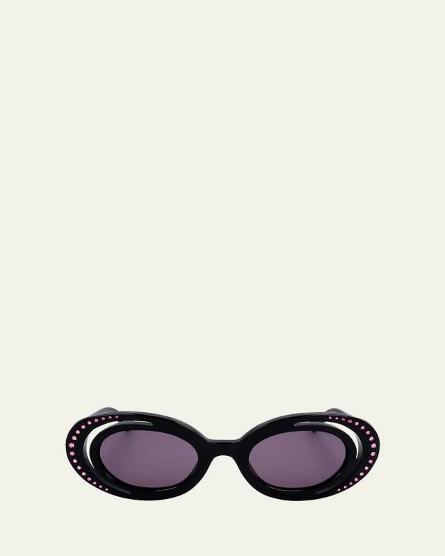 Crystal-Embellished Acetate Oval Sunglasses